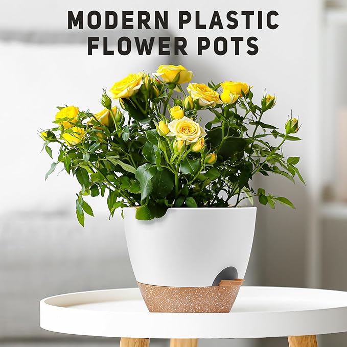 12 Inch Large Self Watering Plant Pot Set, Flower Pots with Multi-Mesh Drainage Holes and Saucer, Suitable for Indoor and Outdoor Garden Plants, White.-BloomoryGarden