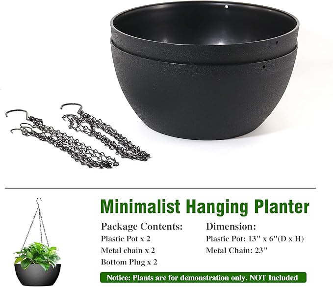 13 inch Large Hanging Planters Plant Pots for Outdoor Indoor Plants with Drainage Holes and Chain, 2 Pack Round Hanging Flower Pots for Garden Home Porch Decor, Black-BloomoryGarden