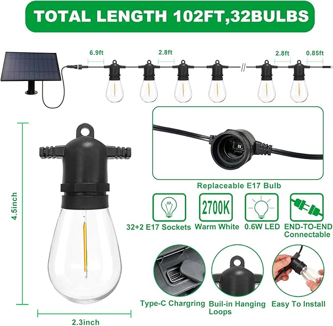 102(96+6) ft Solar String Lights Outdoor, Waterproof with USB Port Remote Control Solar Patio Lights,32 Shatterproof S14 Bulbs,1W Soft White-BloomoryGarden