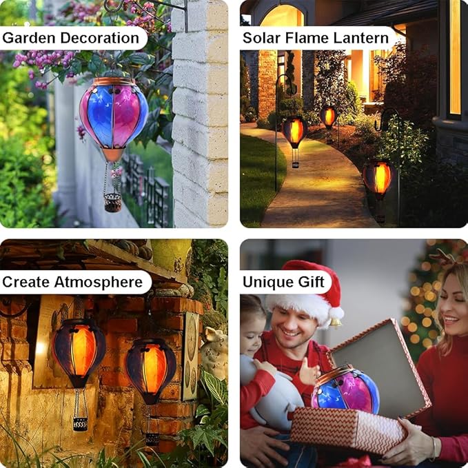Hot Air Balloon Solar Lantern with Flickering Flame Hanging Solar Lanterns Outdoor Lights Waterproof Lanterns Decorative Garden Patio Yard Party Decor Rose Red&Blue