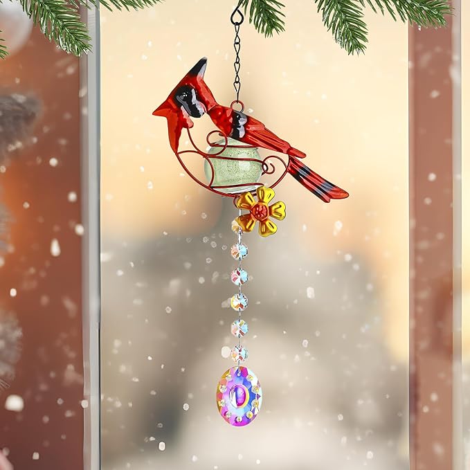 13inch Stained Metal Cardinal Birds Sun Catcher Decorative Window Hanging Ornament Crystals Prism Suncathers Red Bird for Home Garden Decor-BloomoryGarden