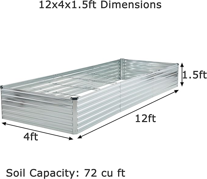 12x4x1.5ft Galvanized Raised Garden Bed,Outdoor Planter Box Metal Patio Kit Planting Bed for Vegetables Flowers Herb,Silver-BloomoryGarden