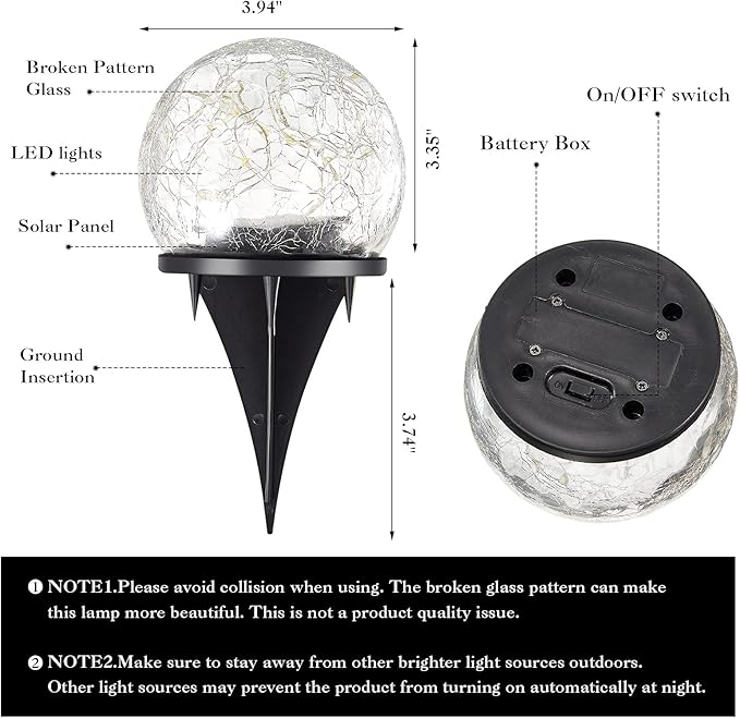 Honoson 3.9 Inch Solar Globe Lights Outdoor Waterproof, Solar Balls for Garden Cracked Glass Ball, Ground Landscape Garden Decor for Patio and Yard Lawn Backyard (4 Pieces)