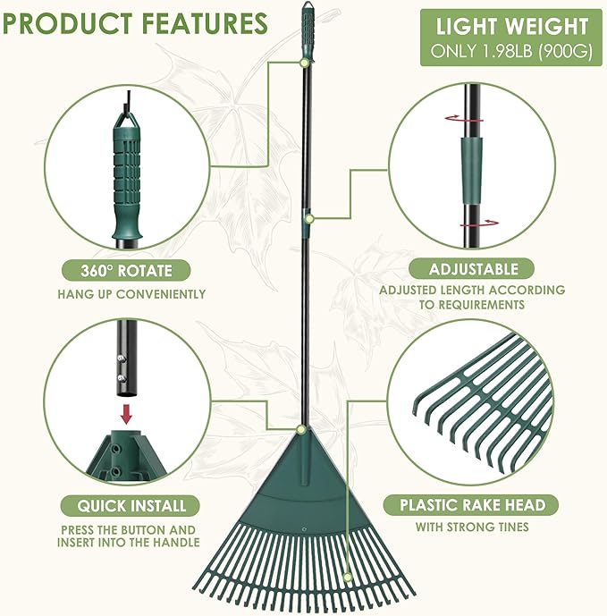 ORIENTOOLS Garden Leaf Rake, Garden Rakes for Lawns Leaves with 47-65" Adjustable Black Handle Rake, 26 Strong Tines Plastic Head Shrub Rake, Yard Garden Rake for Lawns, Flower Beds Leaves Cleaning-BloomoryGarden