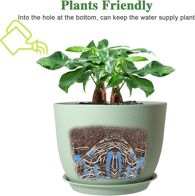 12/10/9 Large Modern Plant Pots, Plastic Planters with Drainage Holes and Saucers for Indoor Outdoor Plants Flowers, Green-BloomoryGarden