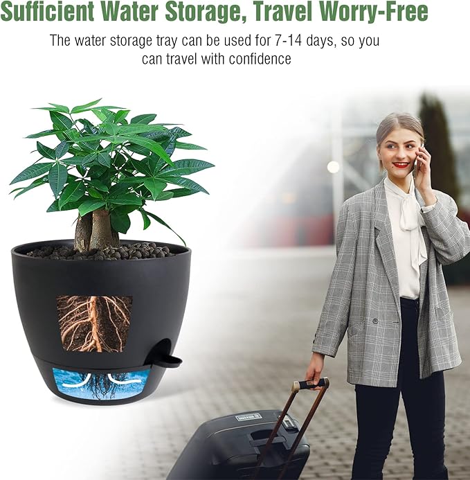 12 inch Large Self Watering Pots, Plastic Planters with 60oZ Removable Deep Reservoir and Multi Mesh Drainage Holes for Indoor Outdoor Garden Plants and Flowers, Black-BloomoryGarden