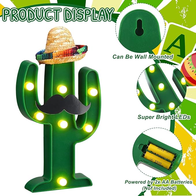 12 Pcs Cinco de Mayo LED Cactus Light with Mini Sombrero Straw Hats and Fake Beard Cinco De Mayo Table Decor Mexican Party Supplies for Table Room Bedroom Party Decoration (4.72 x 2.76 Inch)-BloomoryGarden