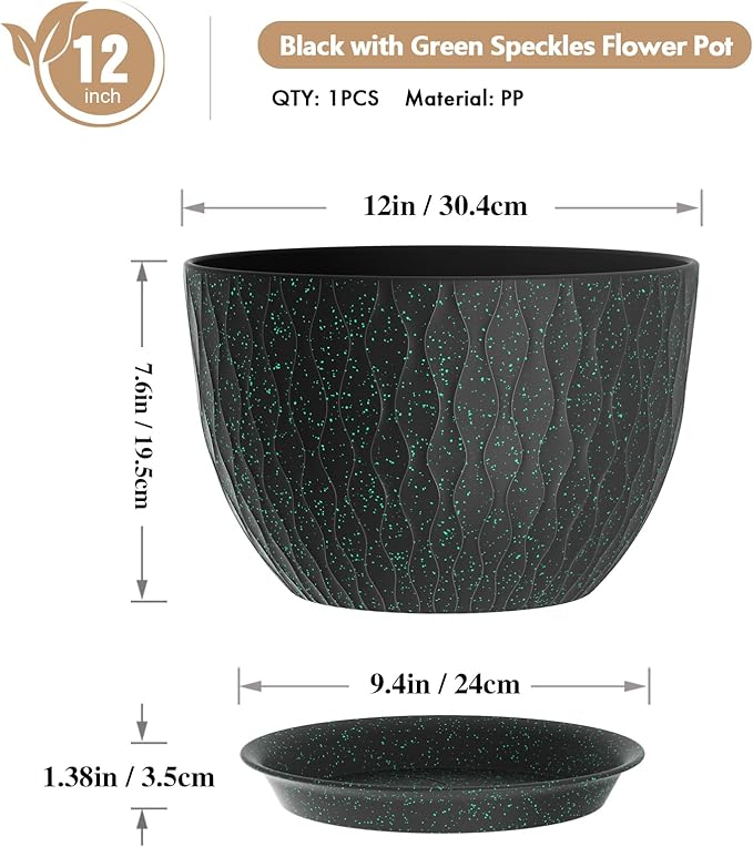 12 Inch Wide Water Ripples Flower Pots for Indoor or Outdoor Plants, Large Plant Pots with Drainage Holes & Saucer, Plastic Planters Set for Garden & Home Decor (Black with Green Speckles)-BloomoryGarden