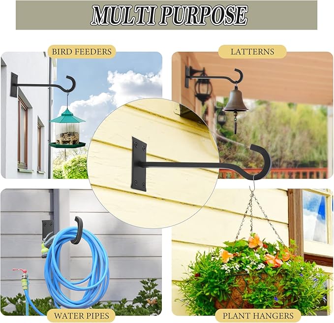 10inch Heavy Duty Plant Hangers Outdoor or Indoor Bird Feeder Hanger Shepherd Hooks 2pcs Black Metal Wall Hook for Hanging Plant Bracket, Lantern, Flower Basket, Wind Chimes-BloomoryGarden