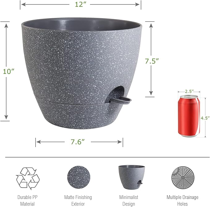 12 inch Large Self Watering Pots, Plastic Planters with 60oZ Removable Deep Reservoir and Multi Mesh Drainage Holes for Indoor Outdoor Garden Plants and Flowers, Grey Speckles-BloomoryGarden