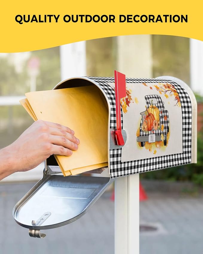 Magnetic Mailbox Cover Oversized 21"x25.5" Fall Black and White Buffalo Plaid Truck with Pumpkins Post Box Cover Mailbox Wraps Post Letter Box Cover for Holiday Garden Yard Outdoor Decor-BloomoryGarden