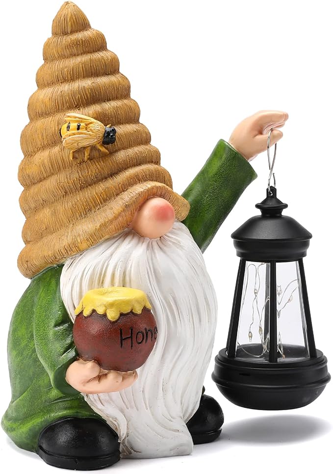 12.3''Solar Garden Gnome Outdoor Decor Honey Bee jar Gnome Statue with LED Lantern Fall Patio Yard Art Decoration Christmas Gardening Birthday Gifts for Women Mom, Honey Bee Gnome-BloomoryGarden