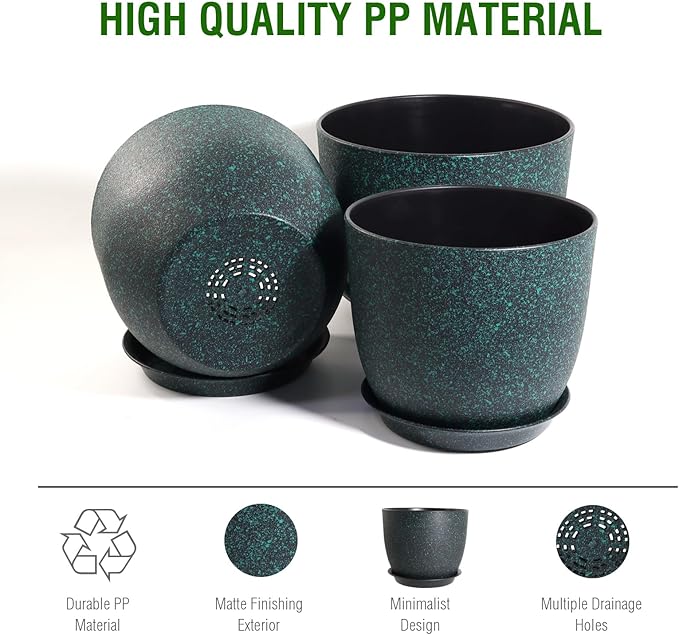 12/10/9 Large Modern Plant Pots, Plastic Planters with Drainage Holes and Saucers for Indoor Outdoor Plants Flowers, Black with Green Speckles-BloomoryGarden