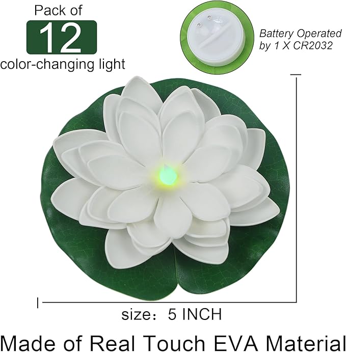 12 PCS Floating Lotus Lights - Artificial LED Lotus Waterproof Battery Operated Water Activated Color Changing Fake Lily Pad Lights for Pool Pond Lantern Garden Outdoor Decor-BloomoryGarden