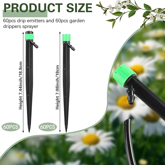 120 Pcs Drip Irrigation Emitters for 1/4'' Drip Irrigation Tubing 60 Irrigation Emitters Sprayer 60 Adjustable 360 Degree Water Flow Drippers for Patio Lawn Garden Watering-BloomoryGarden