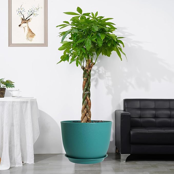 12/10/9 Large Modern Plant Pots, Plastic Planters with Drainage Holes and Saucers for Indoor Outdoor Plants Flowers, Malachite Green-BloomoryGarden