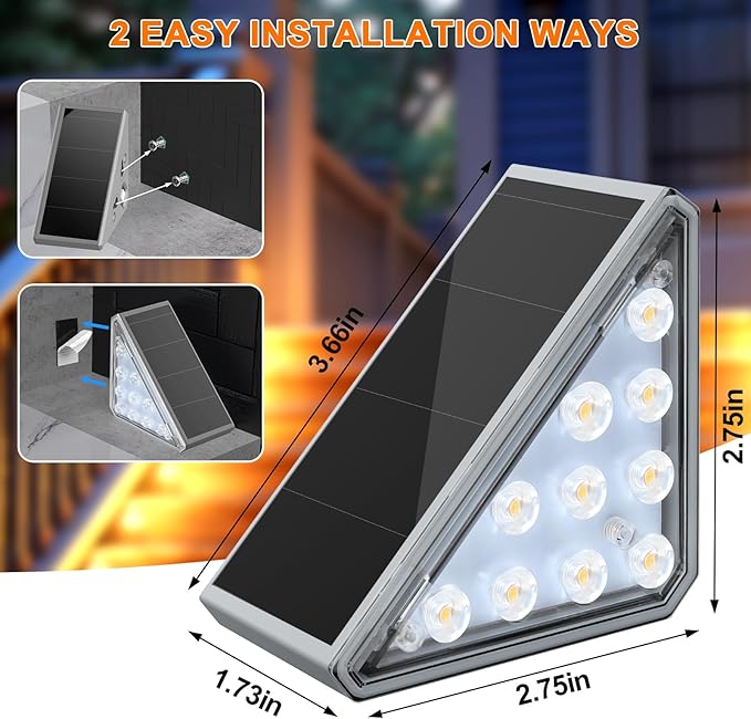 12 Pack Solar Stair Lights Outdoor Stair Lights with Waterproof IP67 LED Solar Light for Outside Light Decor for Stair, Deck, Front Step, Front Porch, Patio, Garden and Backyard-BloomoryGarden