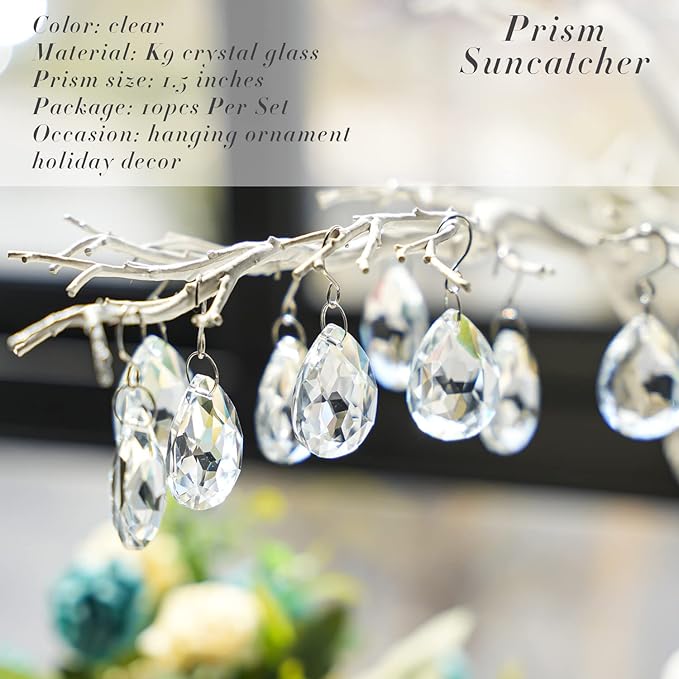 10pcs 38mm Clear Crystal Teardrops Chandelier Parts,Chandelier Crystal Prisms Pendants with Hook,Hanging Crystals for Lamp Window Christmas Tree Decoration Suncatcher-BloomoryGarden