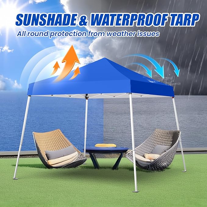 10x10 Pop Up Canopy, 300D Silver Coated Blue Fabric Outdoor Gazebo, Beach Tent Slant Legs with Storage Bag,Easy Up Sun Shade Shelter Tents with 8x8 Top Cover for Patio,Party-BloomoryGarden