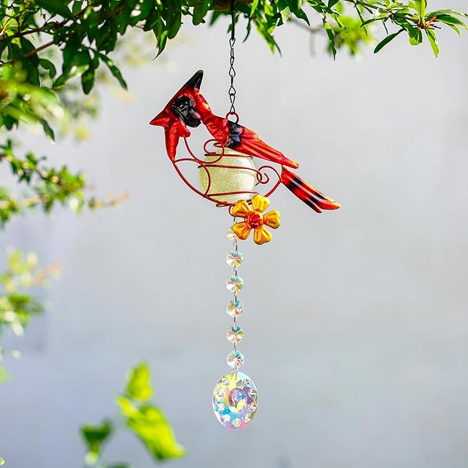 13inch Stained Metal Cardinal Birds Sun Catcher Decorative Window Hanging Ornament Crystals Prism Suncathers Red Bird for Home Garden Decor-BloomoryGarden