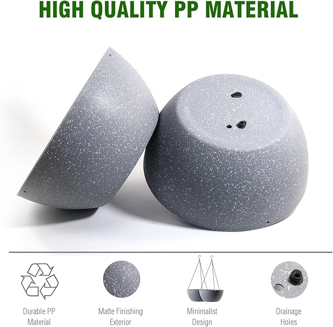 13 inch Large Hanging Planters Plant Pots for Outdoor Indoor Plants with Drainage Holes and Chain, 2 Pack Round Hanging Flower Pots for Garden Home Porch Decor, Speckled Grey-BloomoryGarden
