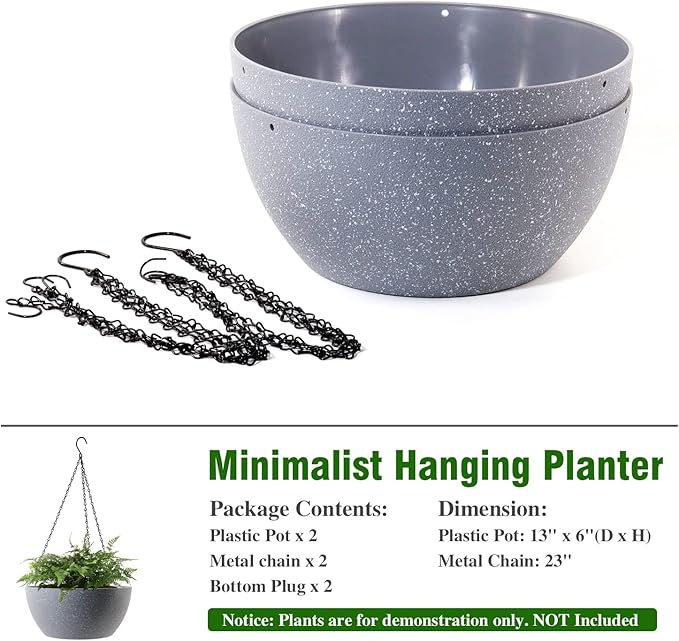 13 inch Large Hanging Planters Plant Pots for Outdoor Indoor Plants with Drainage Holes and Chain, 2 Pack Round Hanging Flower Pots for Garden Home Porch Decor, Speckled Grey-BloomoryGarden