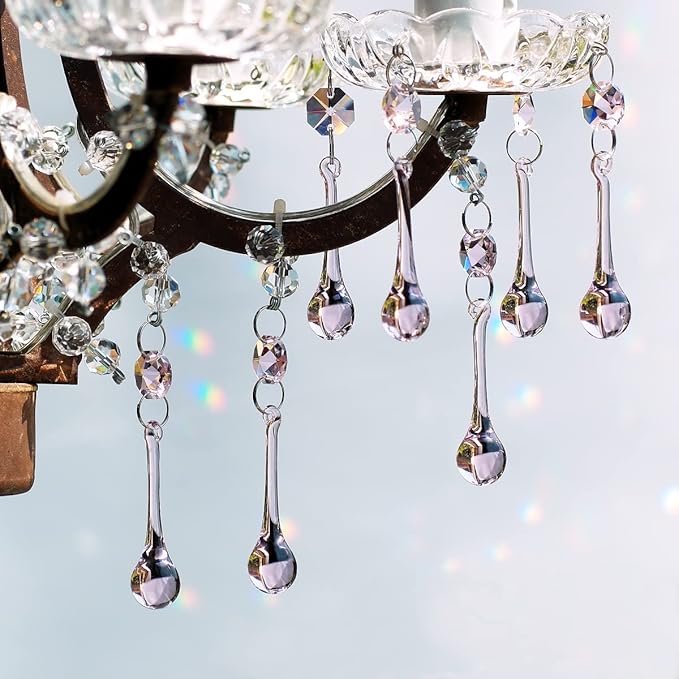 12pcs Raindrop Crystal Chandelier Prisms Parts, 53mm Hanging Crystals Beads for Chandeliers, Home Decoration (Pink)-BloomoryGarden