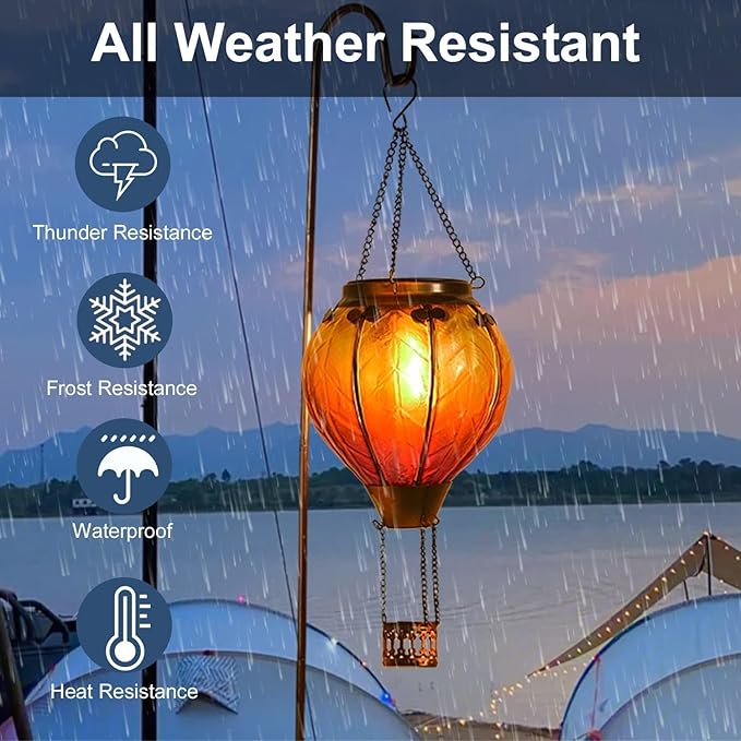 Hot Air Balloon Solar Lantern with Flickering Flame Hanging Solar Lights Outdoor Waterproof Lanterns for Garden Patio Yard Party Decoration