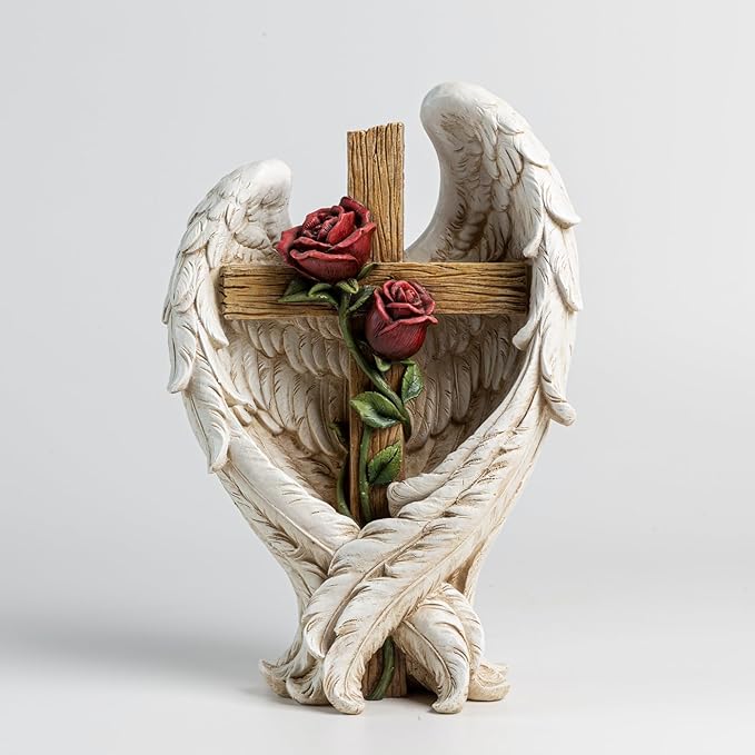 12" Angel Wings Embracing Cross and Rose Garden Statue Memorial Statue for Beloved one-BloomoryGarden