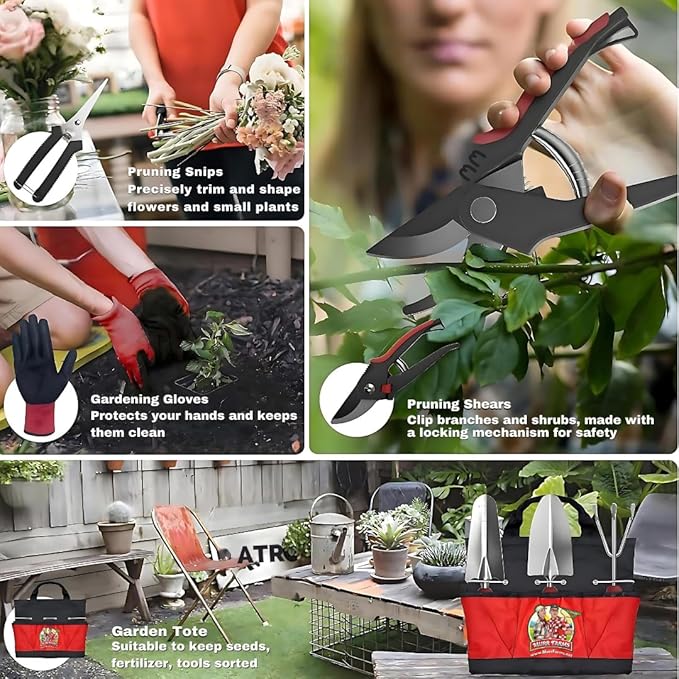 7pc Stainless Steel Heavy Duty Tool Set with Non-Slip Rubber Grip, Garden Gloves and Storage Tote Bag-BloomoryGarden