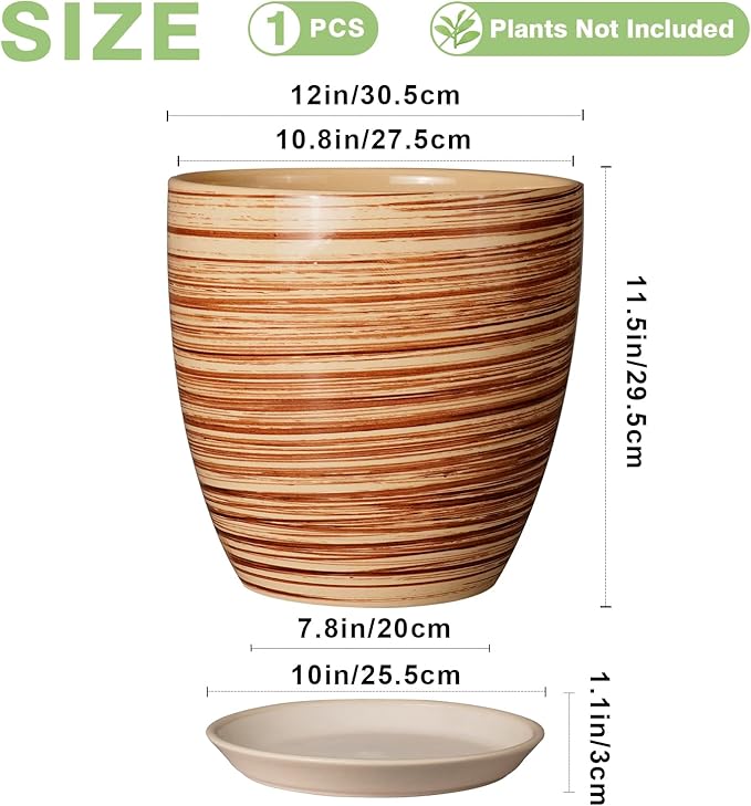 12 Inch Planter Pot Ceramic Plant Pots for Plants with Drainage Hole and Saucer Large Flower Pot for Home Patio Garden Office Yellow-BloomoryGarden