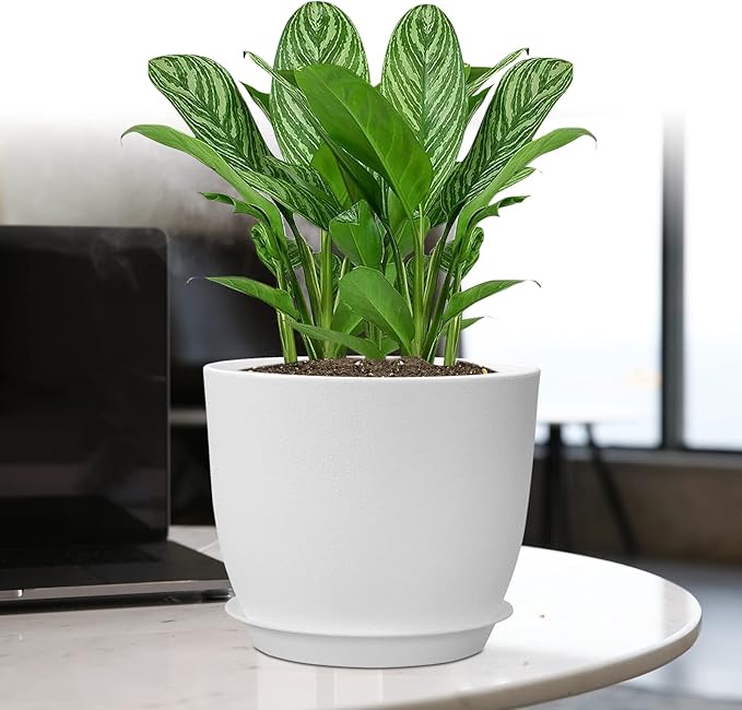 12/10/9 Large Modern Plant Pots, Plastic Planters with Drainage Holes and Saucers for Indoor Outdoor Plants Flowers, White-BloomoryGarden