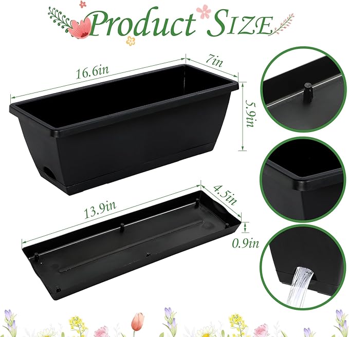 12Pcs 17Inches Rectangle Planter Box with Drainage Holes and Trays Plastic Planters Flower Boxes Pots for Indoor Outdoor Plants Patio Garden Home Decor Porch Yard (Black)-BloomoryGarden
