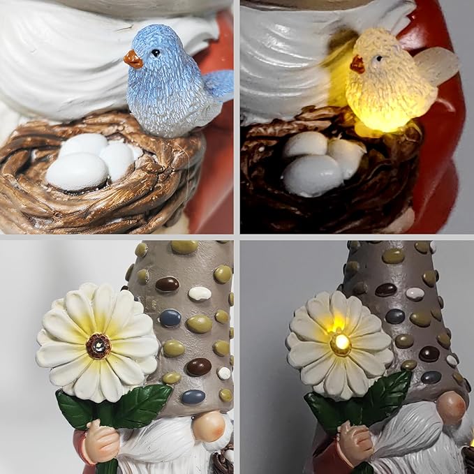 12 Inch Solar Garden Gnome Statue Clearance with Sunflower and Bird's Nest Light – Outdoor High Hat Gnome Sculpture Outdoor Statue for Patio and Garden Decor – Figurine Gift for Gnome Lovers-BloomoryGarden