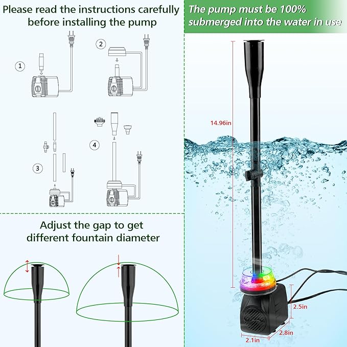 15W 800L/H Submersible Pond Fountain Pump with LED Lights, Ultra Quiet Water Pump, Pond Fountains Pump for Small Pond, Koi, Garden, Aquariums, Fish Tanks, Indoor Outdoor Fountain 3 Type Nozzles-BloomoryGarden