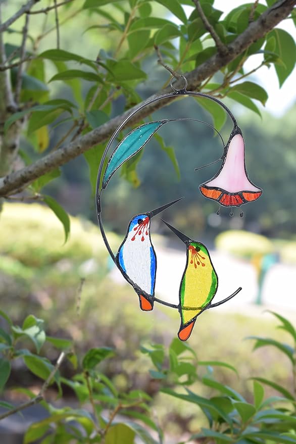 Lolitarcrafts Hummingbird with Flower Stained Glass Suncatcher Bird Stained Glass Window Hangings Hummingbird Gift for Home Decor (Green and Blue)-BloomoryGarden