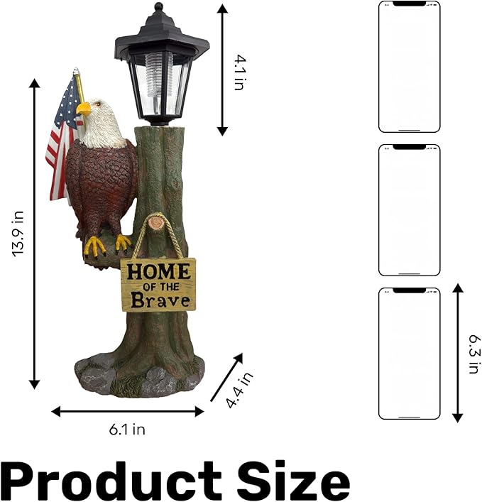 14x6 Inch Eagle Outdoor Solar Statue, Home of The Brave Outdoor Decorative Sculpture, Garden Decoration Outdoor Waterproof, Eagle Statue with American Flag for Patios, Yards, and Gardens-BloomoryGarden