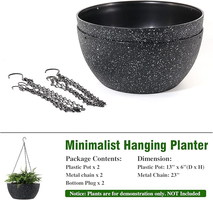 13 inch Large Hanging Planters Plant Pots for Outdoor Indoor Plants with Drainage Holes and Chain, 2 Pack Round Hanging Flower Pots for Garden Home Porch Decor, Speckled Black-BloomoryGarden
