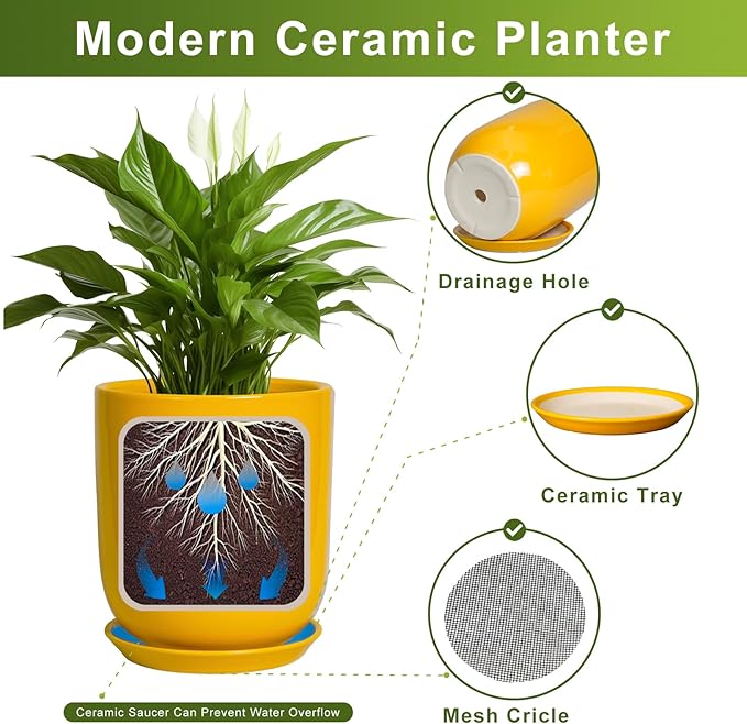 12 Inch Pots for Plants - Ceramic Planter for Outdoor Plants Large Plant Pot Indoor with Drainage Hole Modern Flower Pot for Home Patio Office Decor Yellow-BloomoryGarden