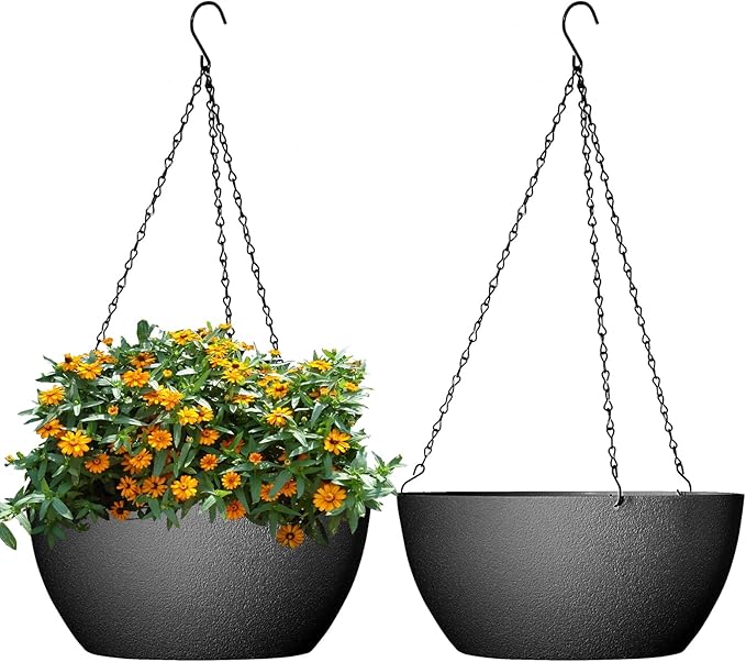 13 inch Large Hanging Planters Plant Pots for Outdoor Indoor Plants with Drainage Holes and Chain, 2 Pack Round Hanging Flower Pots for Garden Home Porch Decor, Black-BloomoryGarden