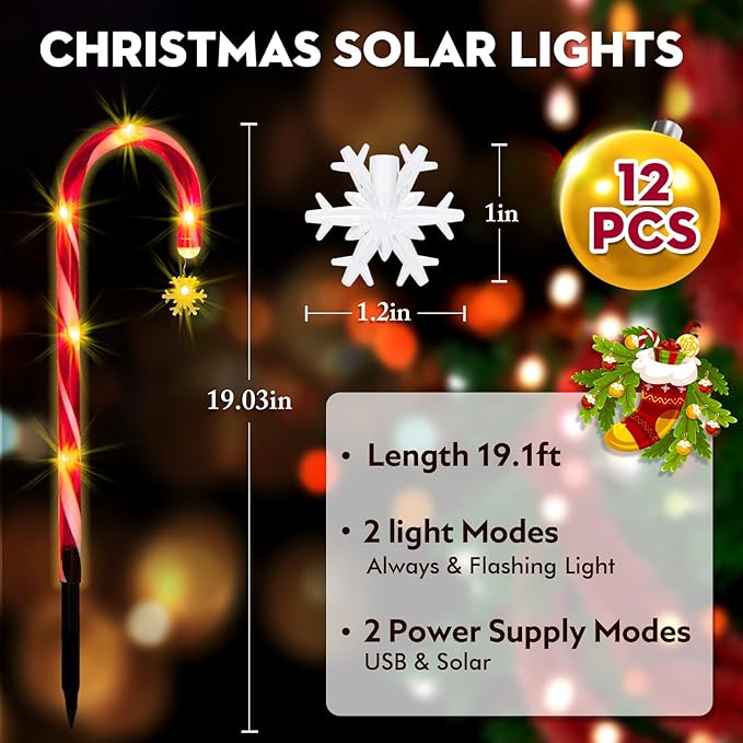 12Pack Christmas Candy Cane Lights Outdoor Decorations Solar Pathway Lights with Snowflake for Yard Waterproof Street Driveway Markers Lawn Walkway Garden Indoor Decor 2in1 Solar Powered-BloomoryGarden