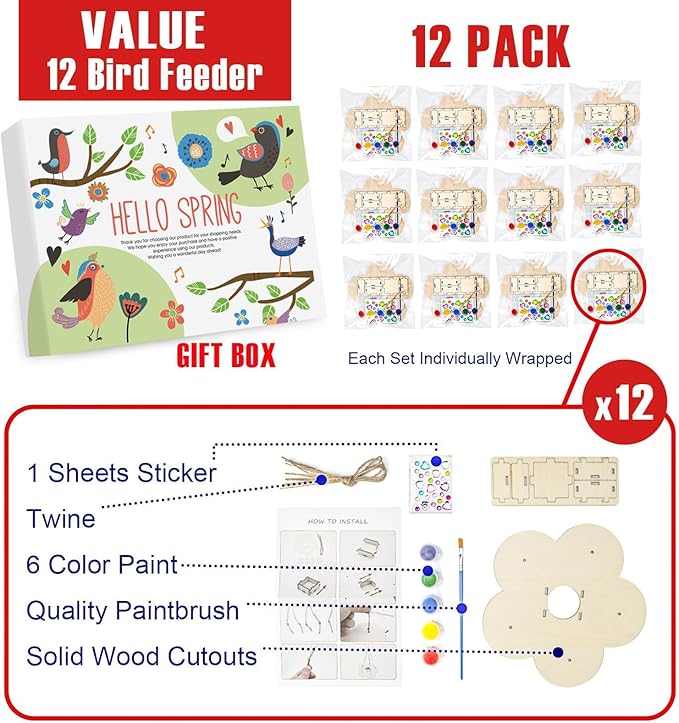 12 Pack Bird Feeder Craft Kits for Kids Ages 3-5 4-8 8-12, DIY Wooden Art Painting Outdoor Bulk Toys for Boys & Girls, Easter Christmas Gifts, Party Favor Gifts for Nature Loving Children-BloomoryGarden