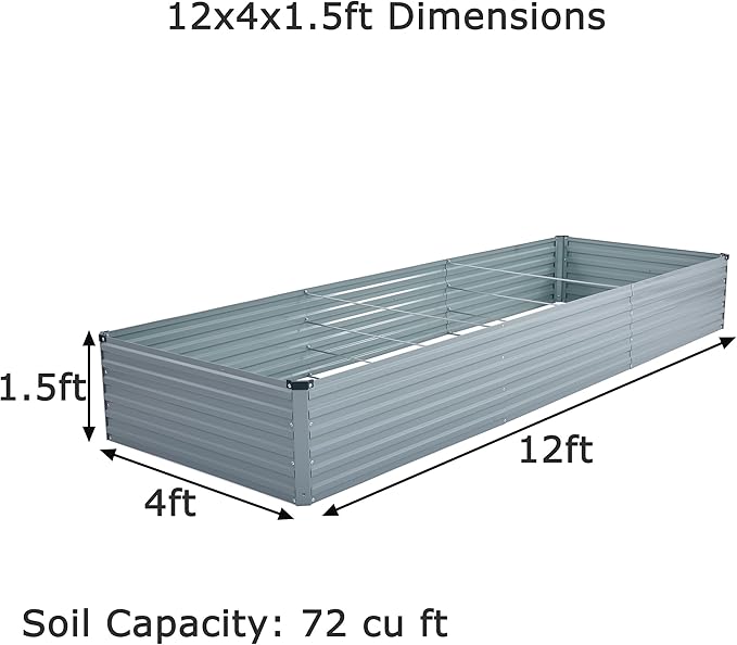 12x4x1.5ft Galvanized Raised Garden Bed,Outdoor Planter Box Metal Patio Kit Planting Bed for Vegetables Flowers Herb,Grey-BloomoryGarden