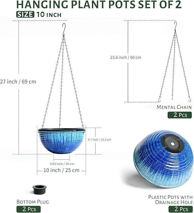 10in Hanging Planters for Indoor and Outdoor Plants, 2 Pack Hanging Planter with Drainage Hole, Round Hanging Flower Pots for Garden Home Decor (Blue Glaze)-BloomoryGarden