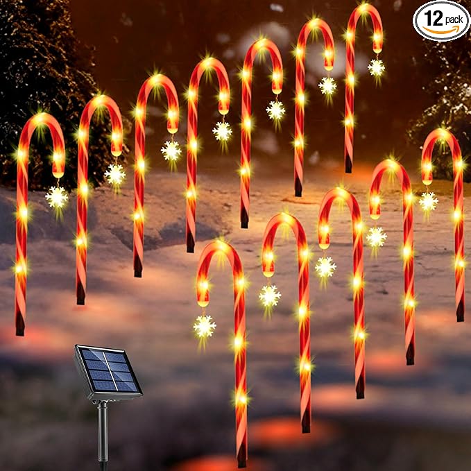 12Pack Christmas Candy Cane Lights Outdoor Decorations Solar Pathway Lights with Snowflake for Yard Waterproof Street Driveway Markers Lawn Walkway Garden Indoor Decor 2in1 Solar Powered-BloomoryGarden