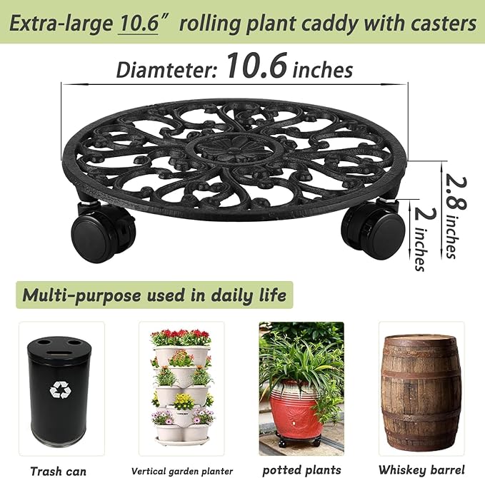 11 Inch Rolling Plant Stand with Wheels Wrought Iron Rolling Plant Stand with Casters Heavy Duty for Indoor Plants Rollers with Plant Saucers, Metal Round Plant Dolly 1 Pack-BloomoryGarden