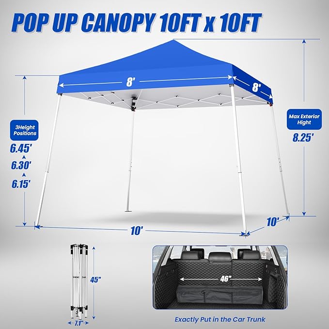 10x10 Pop Up Canopy, 300D Silver Coated Blue Fabric Outdoor Gazebo, Beach Tent Slant Legs with Storage Bag,Easy Up Sun Shade Shelter Tents with 8x8 Top Cover for Patio,Party-BloomoryGarden