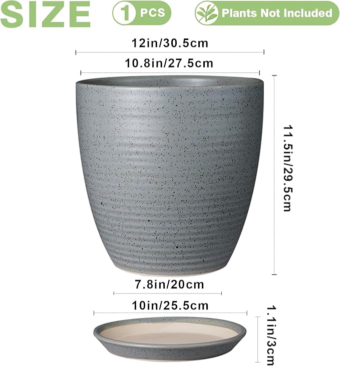 12 Inch Plant Pot, Ceramic Planter Pot with Drainage Hole and Saucer Round Large Flower Pot for Indoor Plants, Light Gray-BloomoryGarden