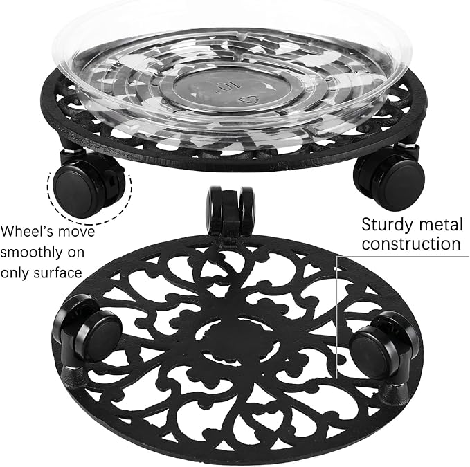 11 Inch Rolling Plant Stand with Wheels Wrought Iron Rolling Plant Stand with Casters Heavy Duty for Indoor Plants Rollers with Plant Saucers, Metal Round Plant Dolly 1 Pack-BloomoryGarden
