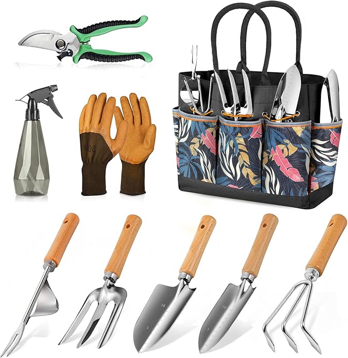 Gardening Tools 9-Piece Heavy Duty Gardening Hand Tools with Fashion and Durable Garden Tools Organizer Handbag,Rust-Proof Garden Tool Set, Ideal Gardening Gifts for Women-BloomoryGarden